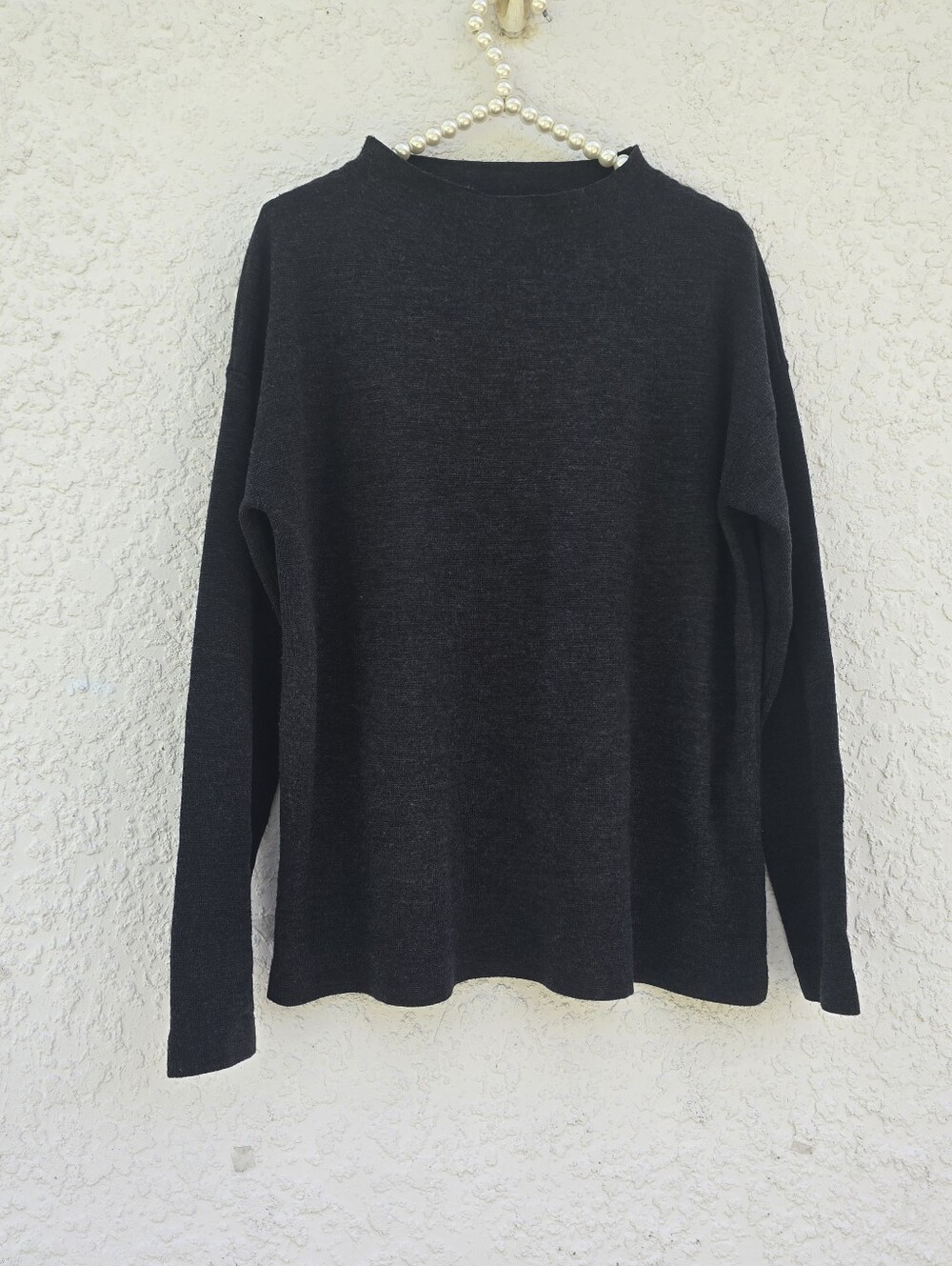 Eileen Fisher 100% Merino Wool Mock Neck Top Charcoal Gray Size M
